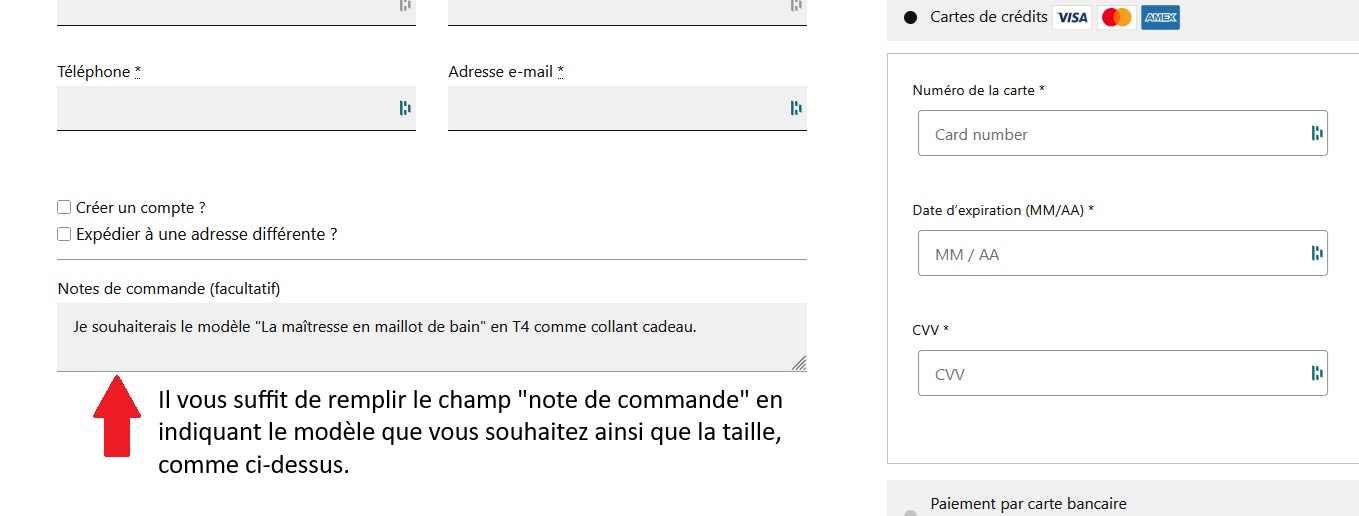 Exemple : indiquez le modèle et la taille dans le champ Note de commande